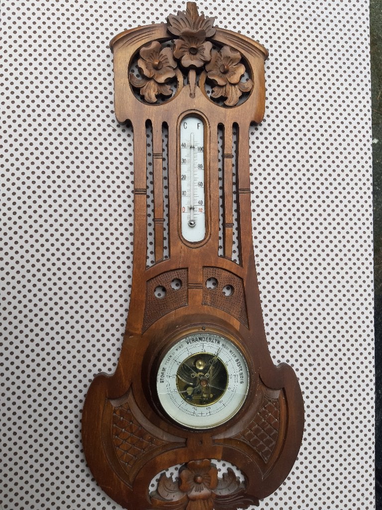 Antieke houten barometer met thermometer., Ophalen, Gebruikt, Weerstation