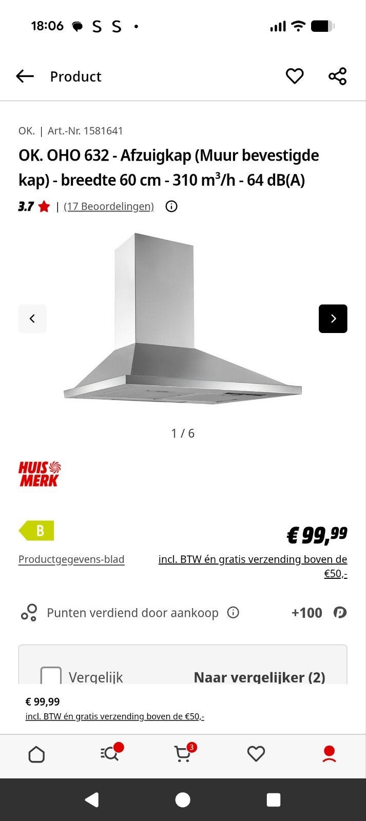 OK. OHO 632 Afzuigkap - 60 cm - 310 m³/h NIEUW, Witgoed en Apparatuur, Afzuigkappen, Ophalen, Wandschouwkap, Nieuw, Vrijstaand