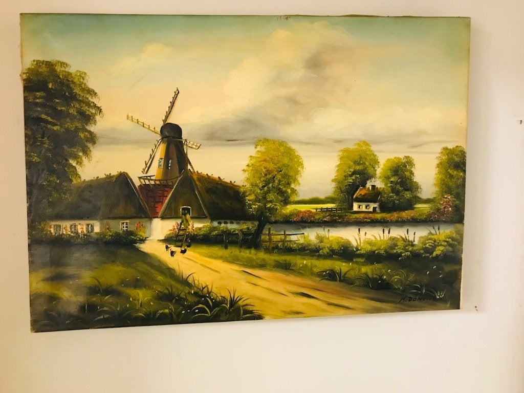 Olieverfschilderij Hollands Landschap met Molen gesigneerd, Antiek en Kunst, Doek, Realistisch, Ophalen of Verzenden, Landschap