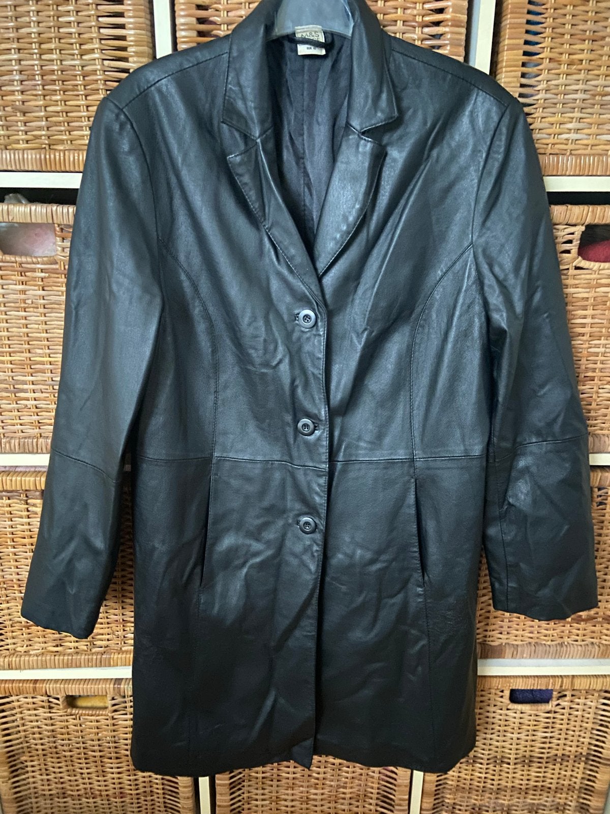M&S Mode Zwarte Leren Jas Maat 42, Ophalen of Verzenden, Zo goed als nieuw, Maat 42/44 (L), Zwart