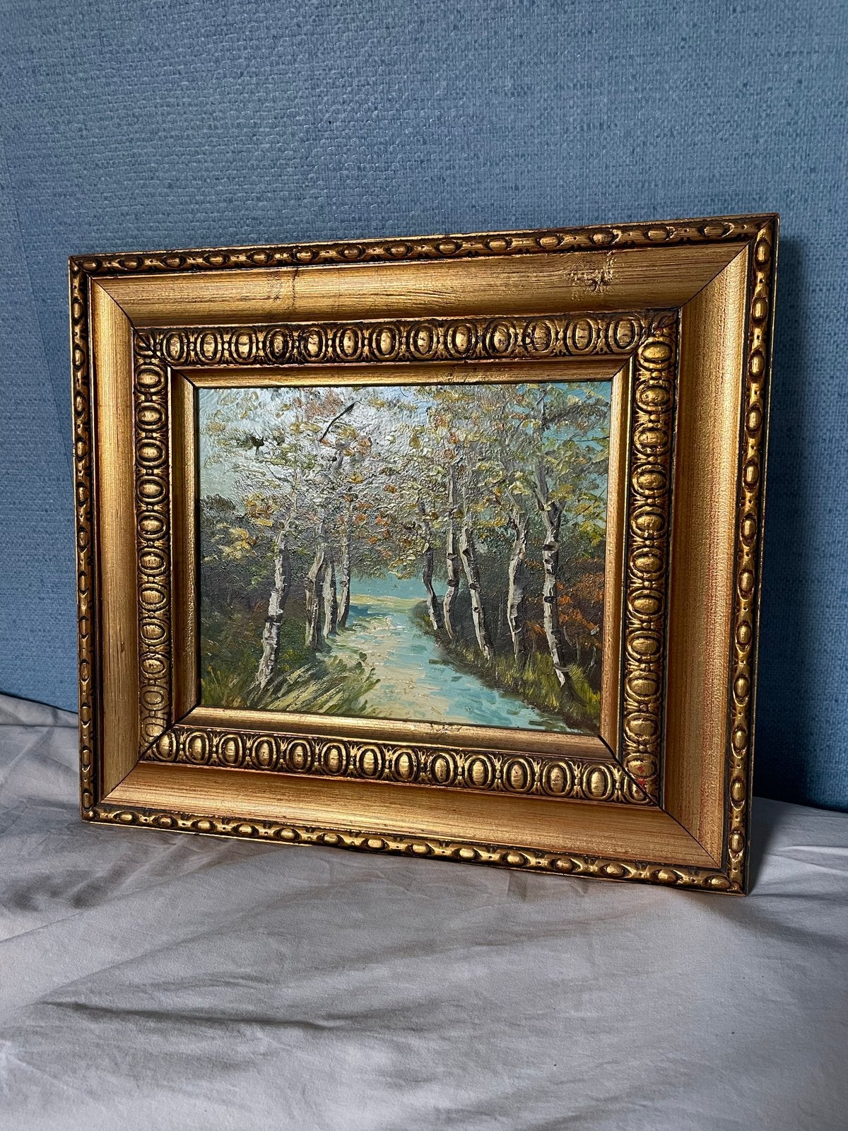 Olieverfschilderij Landschap met berken en water, Antiek en Kunst, Doek, Realistisch, Ophalen of Verzenden, Landschap