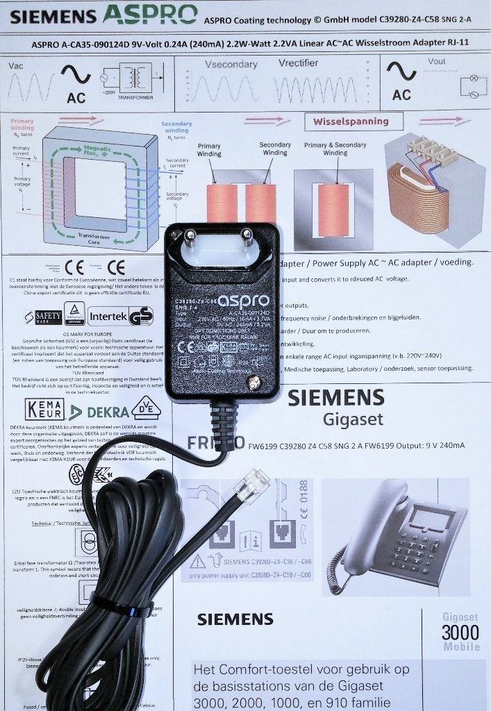 ASPRO C39280-Z4-C58 9V 0.24A AC ~ AC FW6199 Adapter Gigaset, Ophalen of Verzenden, Zo goed als nieuw