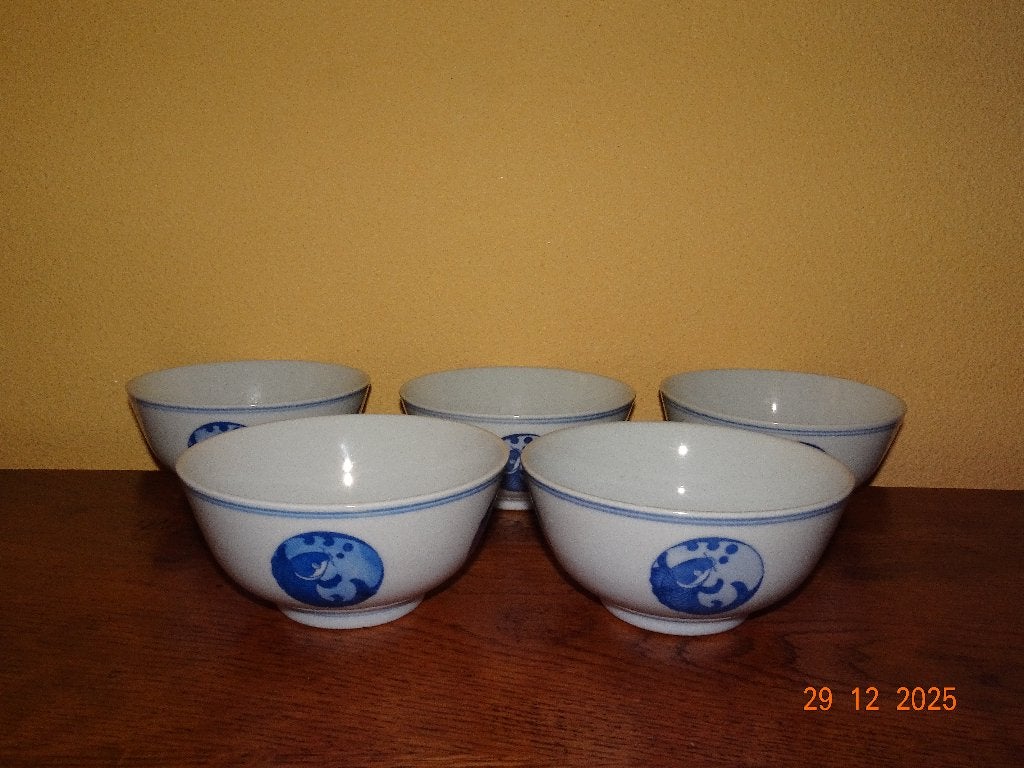 5 Chinese soep/rijstkommen van porselein met vissen, Ophalen of Verzenden, Zo goed als nieuw, Kom(men), Overige stijlen