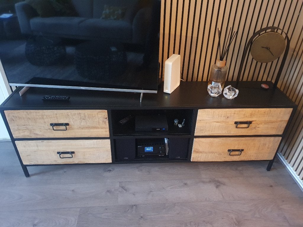 televisie meubel staal met houten lades, 150 tot 200 cm, Zo goed als nieuw, Minder dan 100 cm, Industrieel