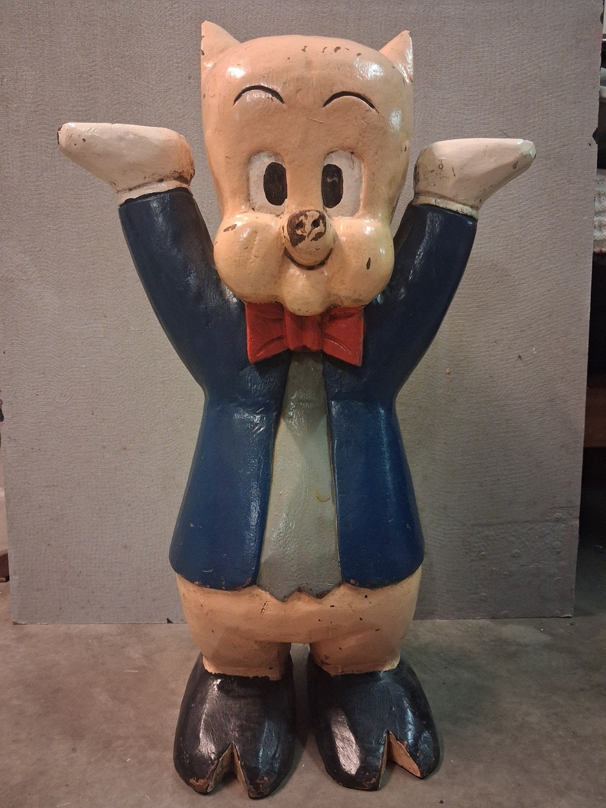 Uniek vintage Porky pig, Overige onderwerpen, Handgemaakt, Beeld, Hout
