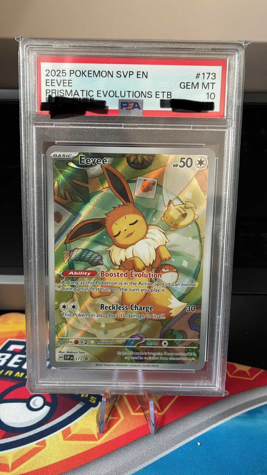 PSA 10 Eevee Prismatic Evolutions ETB #173 Pokémon Kaart, Ophalen, Nieuw, Losse kaart, Foil
