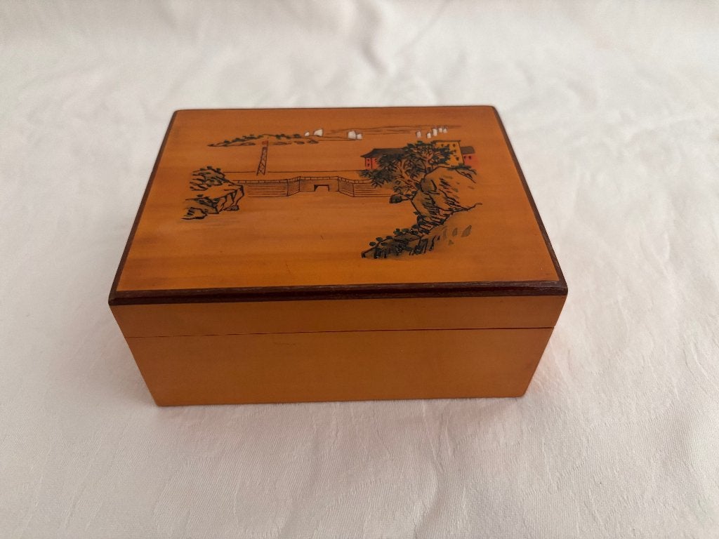 Vintage houten kistje met afbeelding van oosters landschap, Ophalen of Verzenden