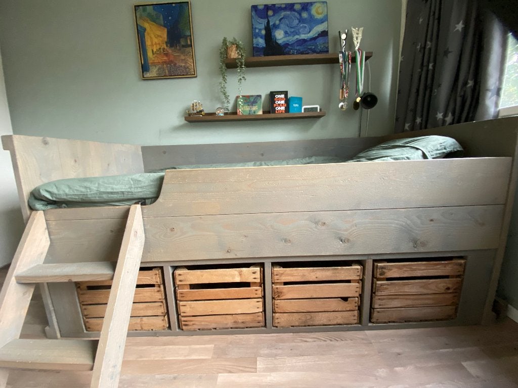 Bed van steigerhout, Huis en Inrichting, Ophalen, 90 cm, Eenpersoons, Bruin