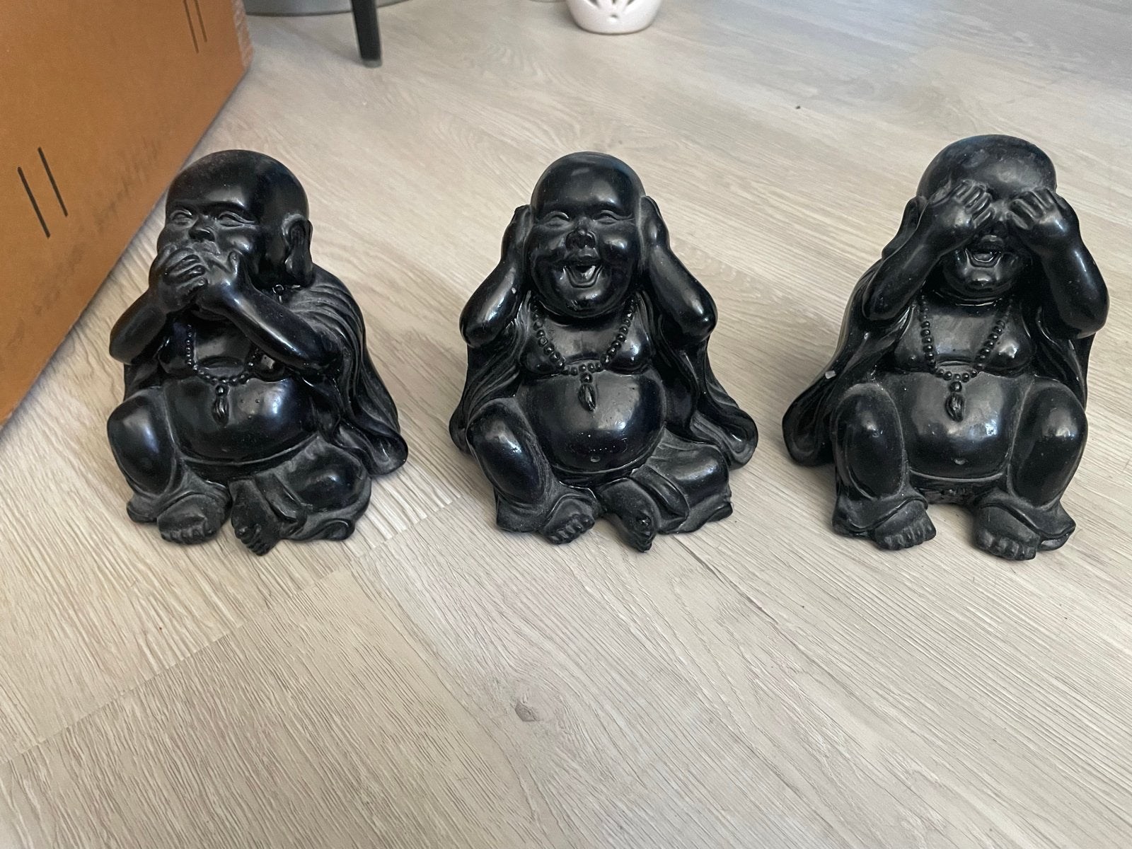 Set van 3 Boeddha beeldjes: Horen, Zien en Zwijgen, 13 cm, Zwart, Steen/keramiek, Ophalen of Verzenden