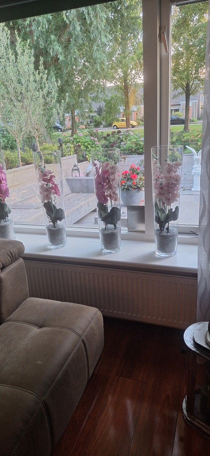 5 Glazen cilindervazen met kunstbloemen (orchideeën), Huis en Inrichting, Woonaccessoires | Vazen, Ophalen, Transparant, Inclusief decoratie