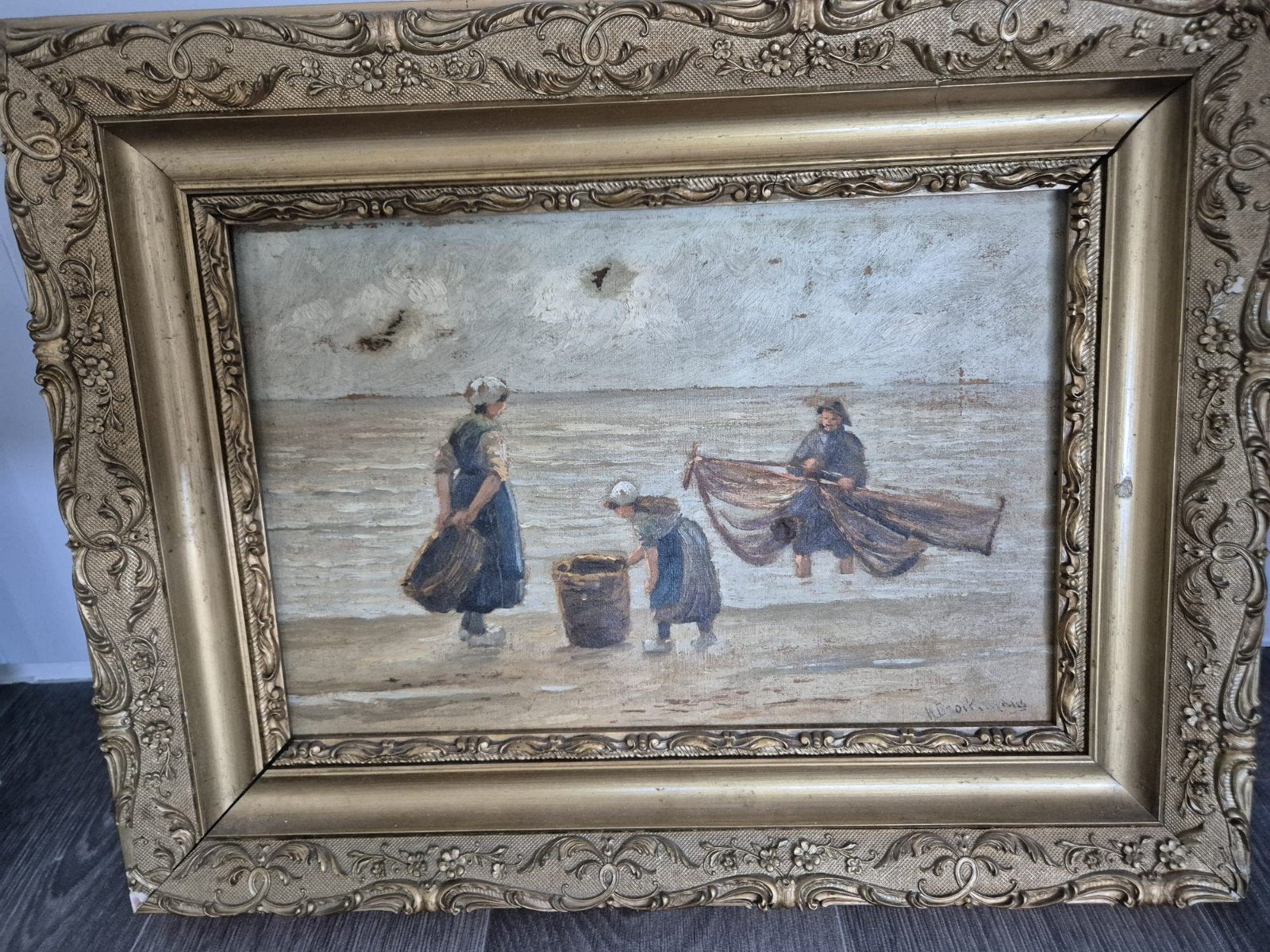 Klassiek strandgezicht vissers schilderij, Antiek en Kunst, Ophalen of Verzenden