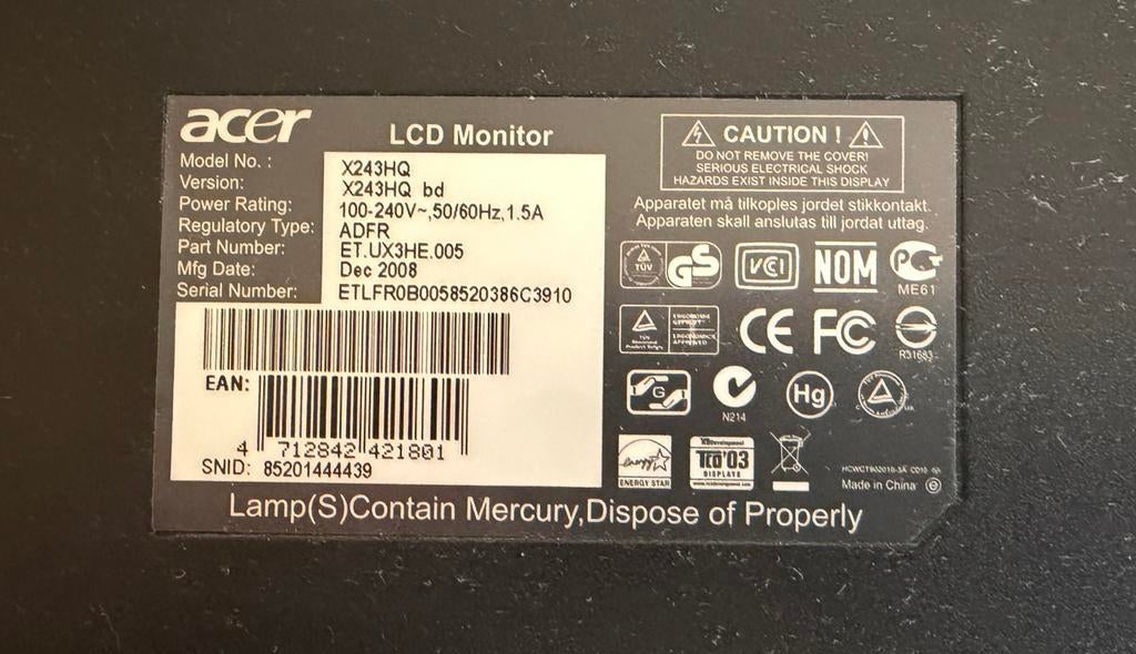 Acer PC monitor, Computers en Software, Monitoren, Ophalen, Onbekend, Overige resoluties, DVI