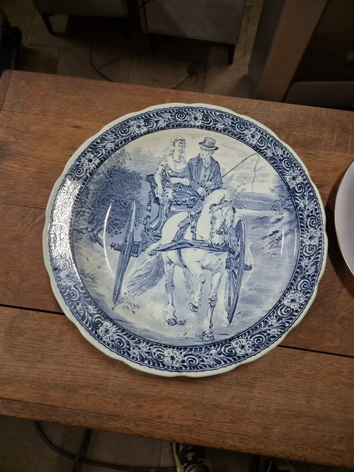 Antiek Delfts Blauw Wandbord - Koets met Paard, Ophalen
