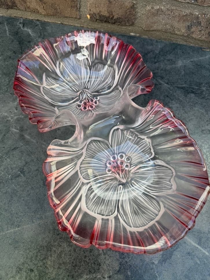 Vintage Walther Glas serveerschaal Miranda Hibiscus roze, Antiek en Kunst, Ophalen of Verzenden