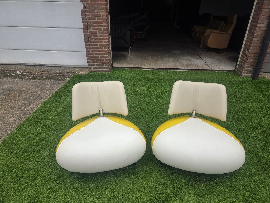 Leolux Pallone fauteuils geel/wit leren design relax stoelen, Huis en Inrichting, Leolux, Hout, Geen, Pahest@hotmail.nl