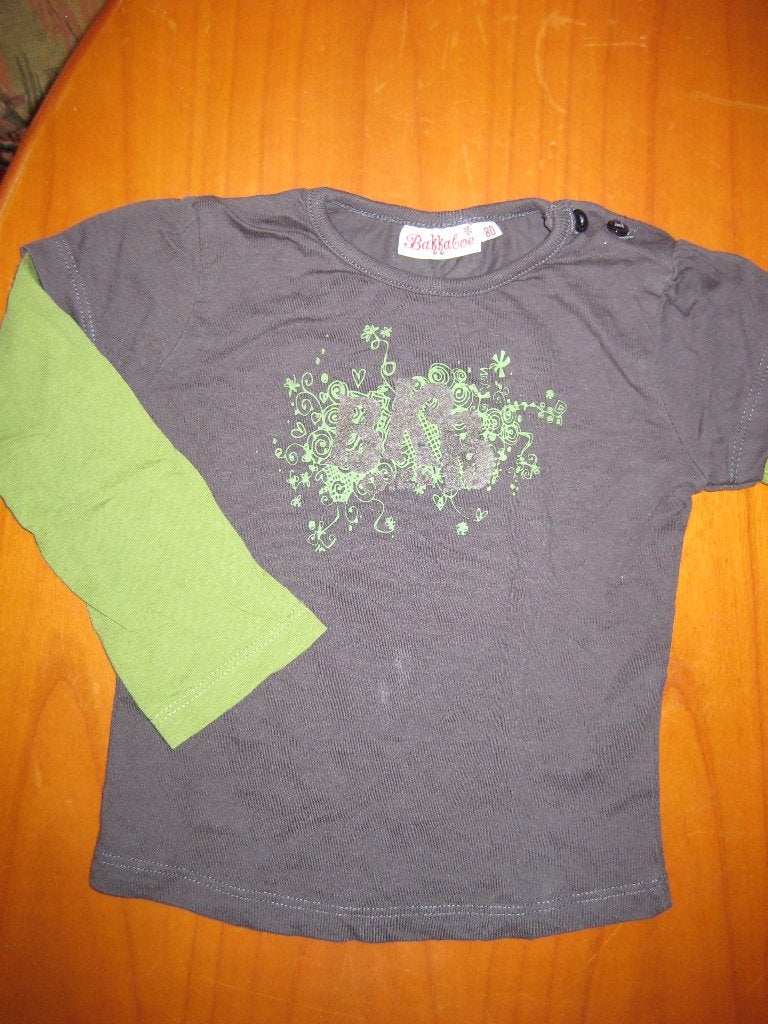 Bruin/groen shirt, 80, Bakkaboe, Kinderen en Baby's, Ophalen of Verzenden, Zo goed als nieuw, Meisje, Shirtje of Longsleeve