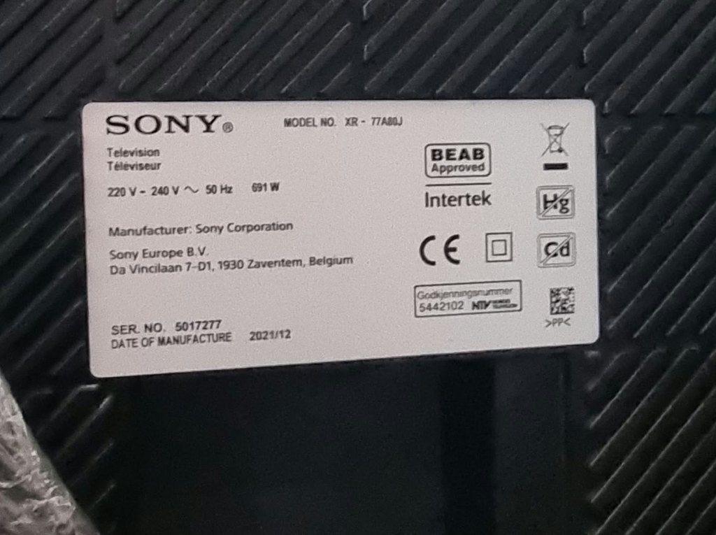 Sony XR77A80J, Ophalen, 50 Hz, OLED, 4k (UHD)