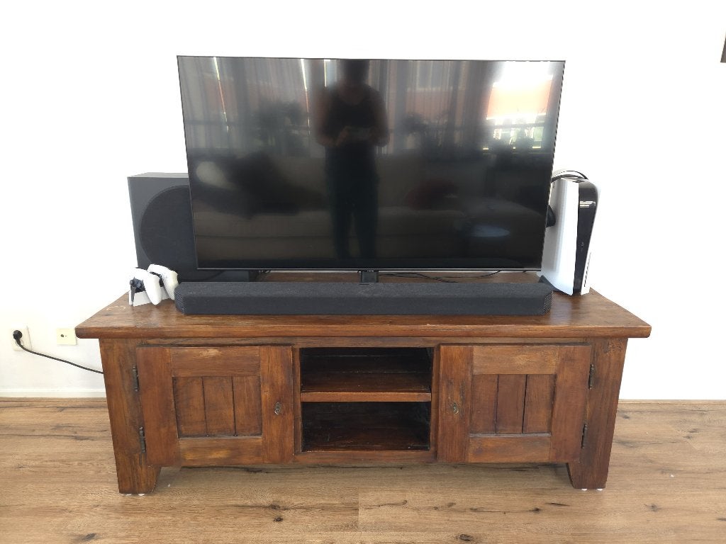 Robuust teakhouten TV-meubel met  veel opbergruimte, Ophalen, Gebruikt, 100 tot 150 cm, Rustiek