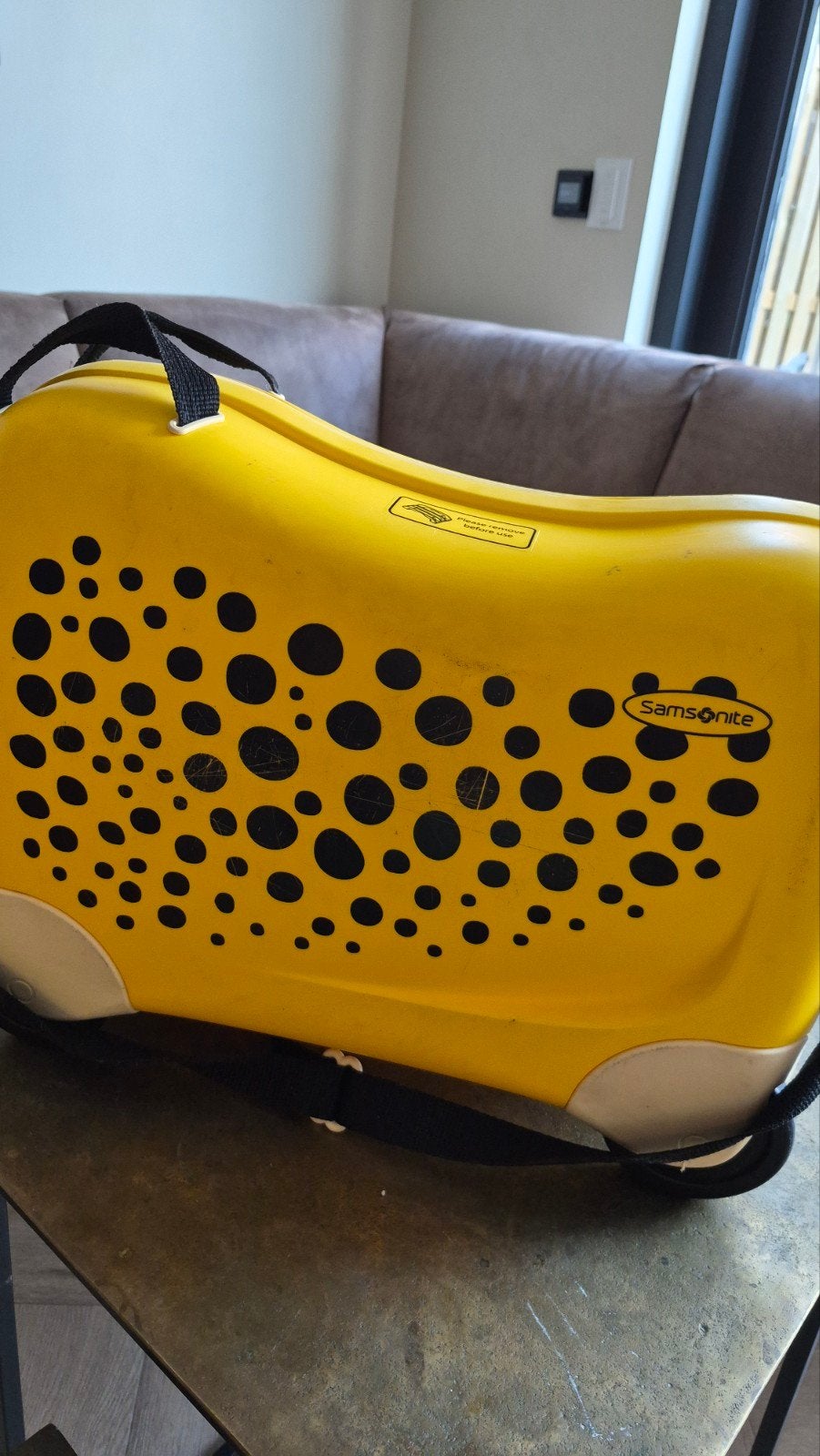 Samsonite kinderkoffer geel met stippen, Wieltjes, 40 tot 60 cm, Gebruikt, 20 tot 30 cm