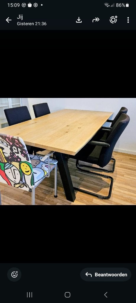 tafel met 4 stoelen, blank blad, poot metaal, goede staat, Huis en Inrichting, Tafels | Eettafels, Ophalen, Gebruikt, Grenenhout