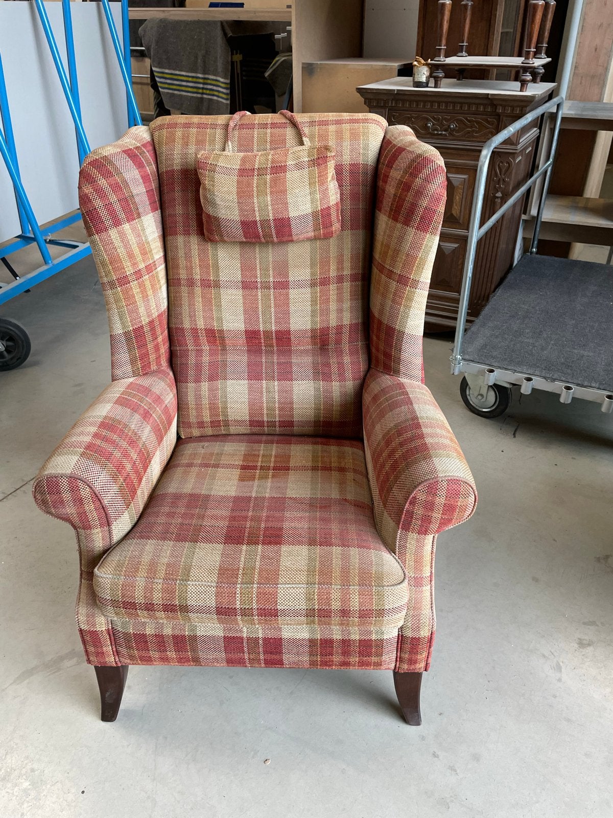 Klassieke Schotse Ruit Fauteuil met Hoofdsteun, Ophalen, Gebruikt, Stof, 75 tot 100 cm