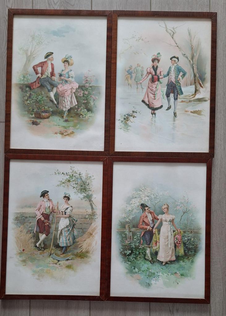Set van 4 antieke romantische Vier Seizoenen Prente in lijst, Antiek en Kunst, Kunst | Schilderijen | Klassiek, Ophalen