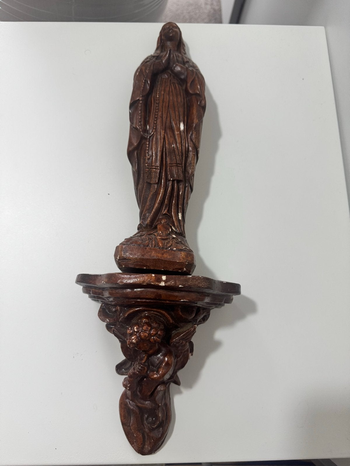 Antiek Mariabeeld met wandconsole - Handgesneden hout, Ophalen of Verzenden