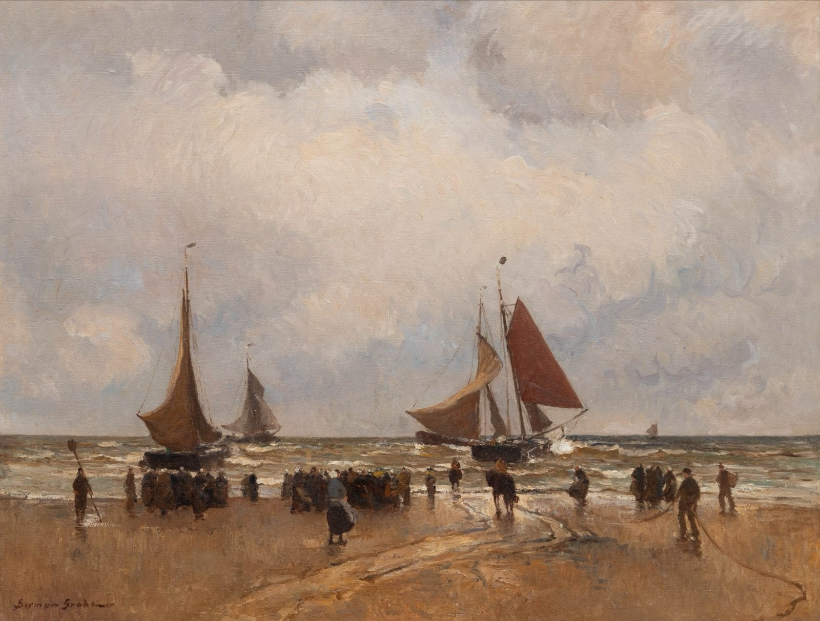German Grobe (1857-1938) - Bomschuiten op zee, Maritiem / water, Doek, Realistisch, Ophalen of Verzenden