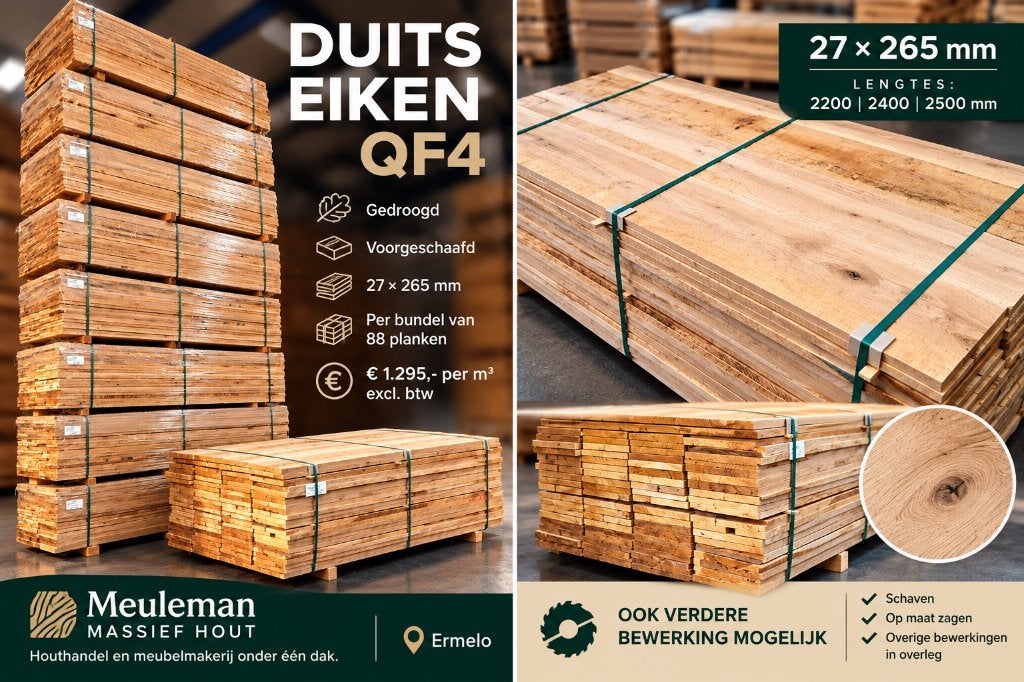 Duits Eiken QF4 Planken - Gedroogd en Voorgeschaafd, Ophalen, 25 tot 50 mm, Eiken, Nieuw