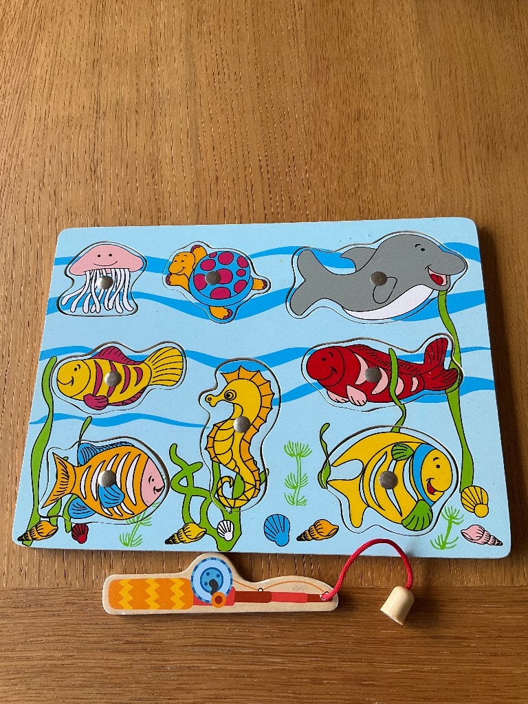 Te koop: Houten vissen puzzel met magneet hengel, Ophalen of Verzenden, Gebruikt, Overige typen