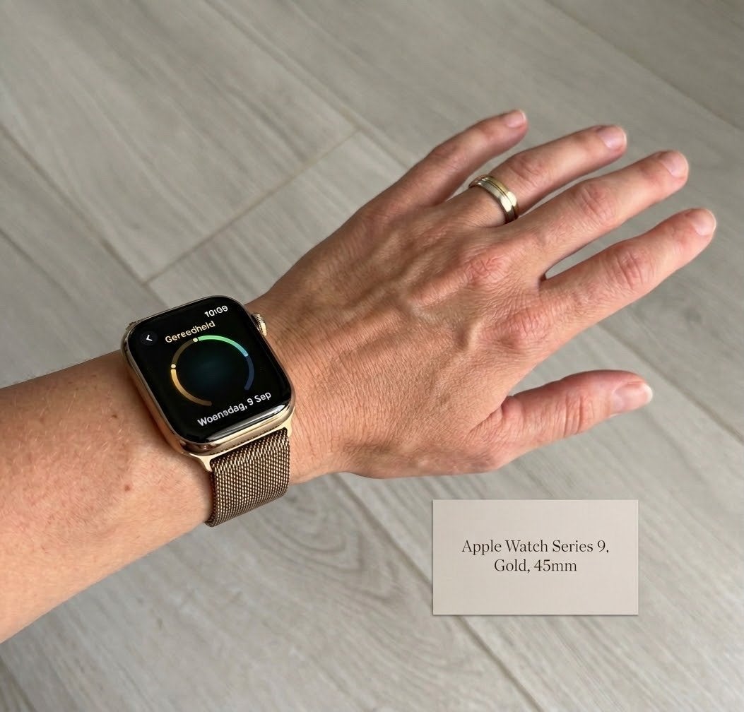 Apple Watch Series 9 Goud 45mm - Zo goed als nieuw, Stappen, IOS, Ophalen of Verzenden, Zo goed als nieuw