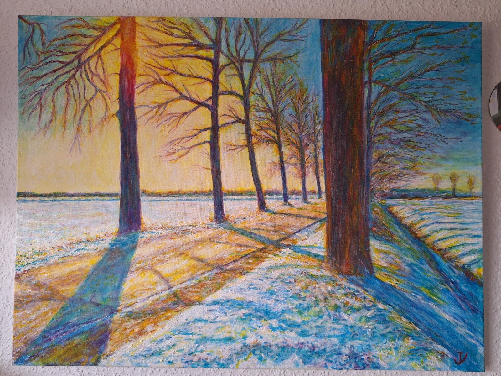 Schilderij: Winterlandschap met bomen en zonlicht, Ophalen of Verzenden