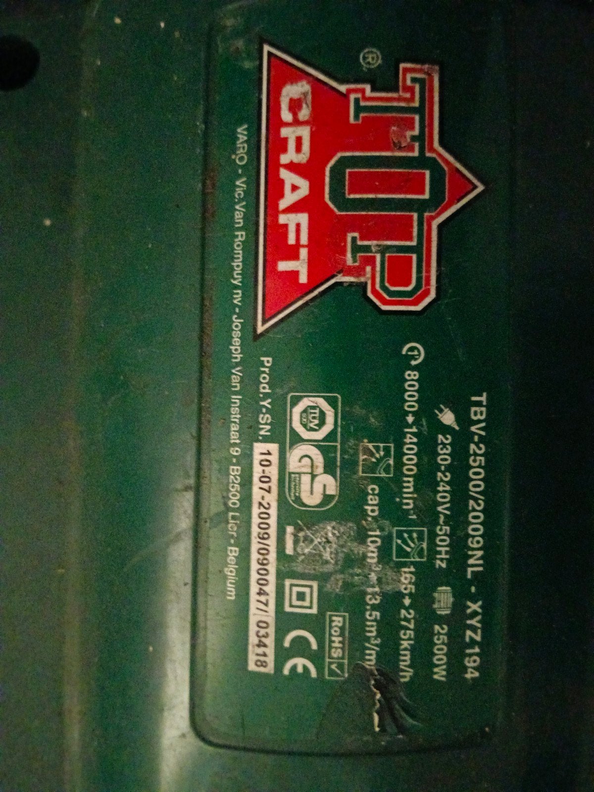 Top Craft Bladblazer/Bladzuiger TBV-2500/2009NL, Ophalen of Verzenden, Elektrisch, Met opvangzak