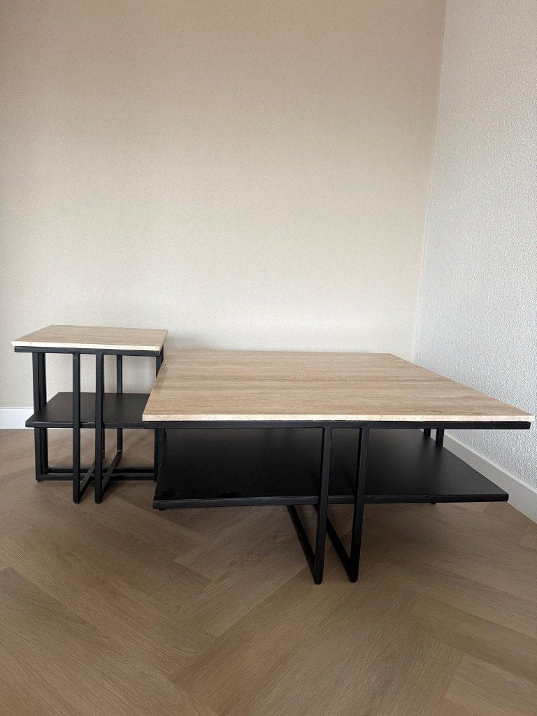 Vierkante salontafel set | Travertin | Industrieel | Outlet, Ophalen, 3194DD, 50 tot 100 cm, Vierkant