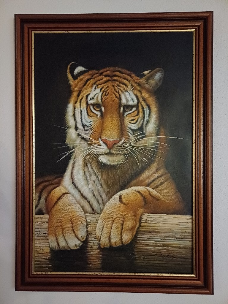 Prachtig handgeschilderd tijger schilderij, Ophalen, Gebruikt, Schilderij, 75 – 100