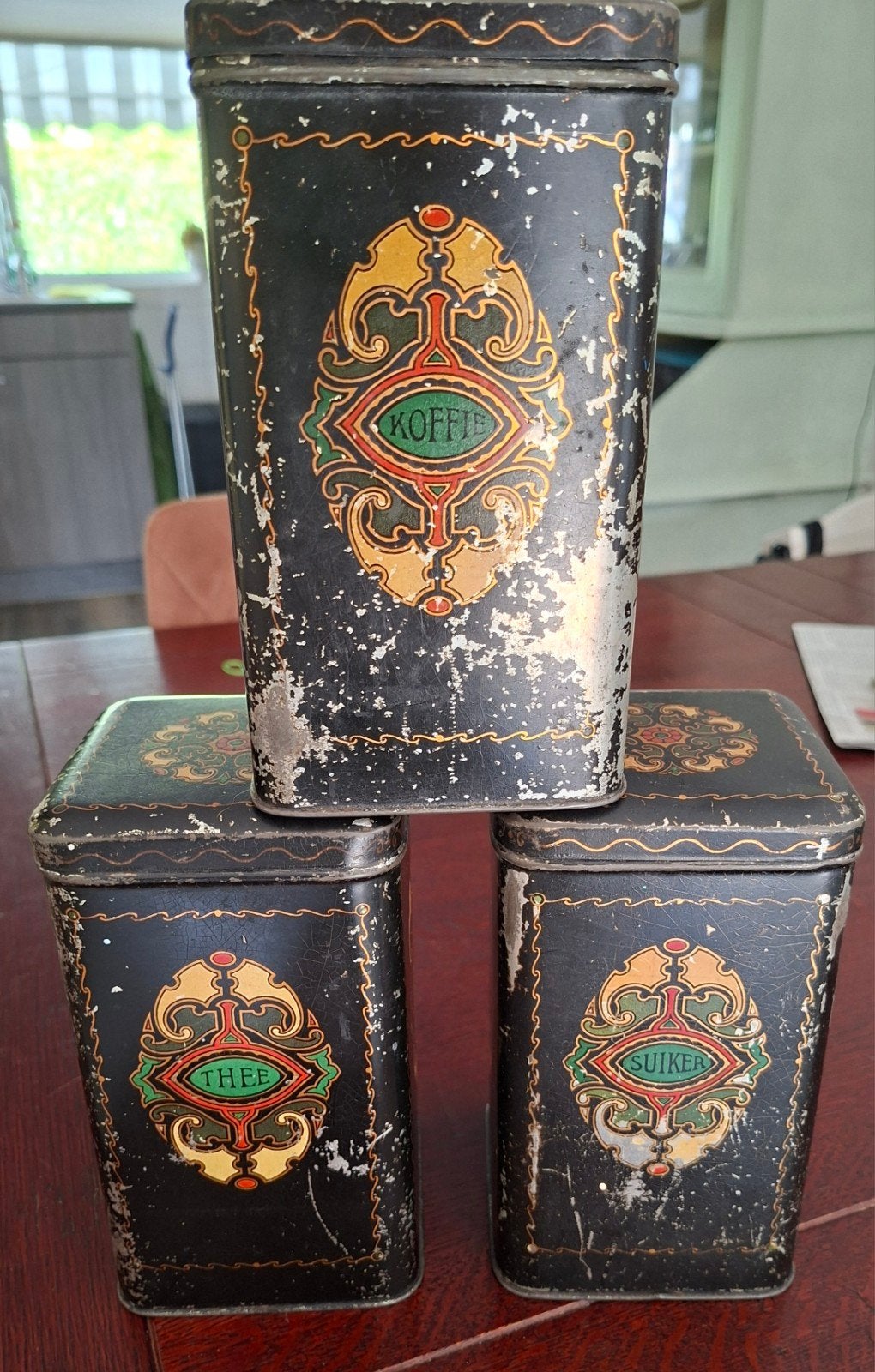 Mooie oude zwarte koffie ,thee en suiker set, Ophalen of Verzenden