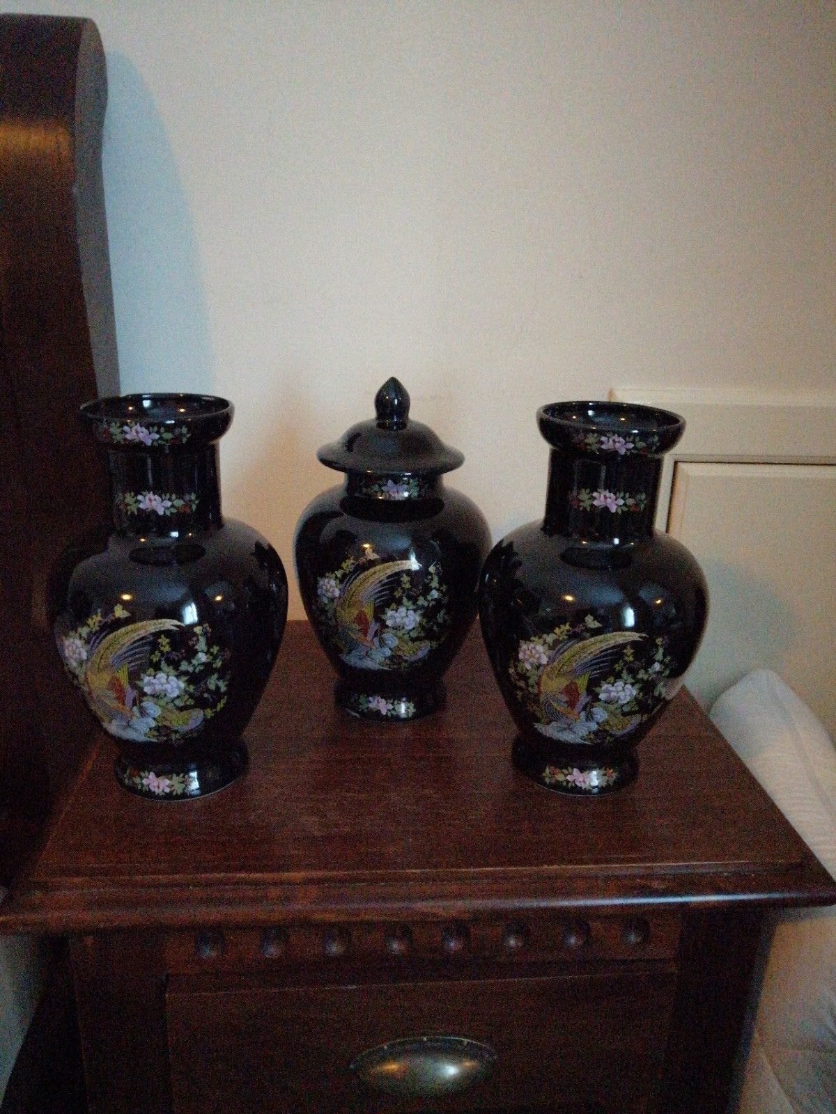 Set van 3 Chinese vazen met deksel en pauwenmotief, Ophalen of Verzenden