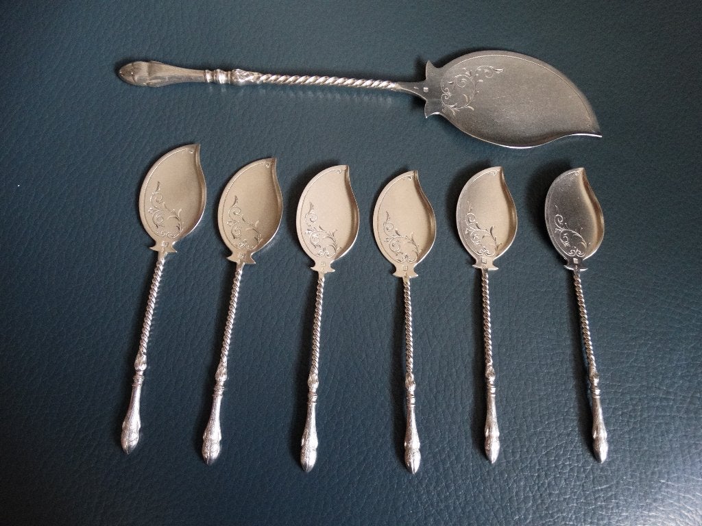 6 Zilveren ijslepels en een ijschep, antiek, eind 19e eeuw, Verzenden, Zilver