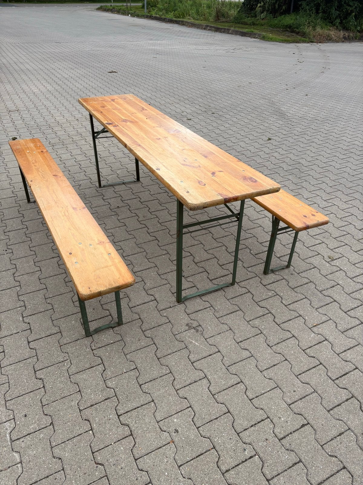 TE HUUR Biertafelset met 2 banken en statafel van olievat, Gebruikt, Ophalen of Verzenden, Inklapbaar, Rechthoekig