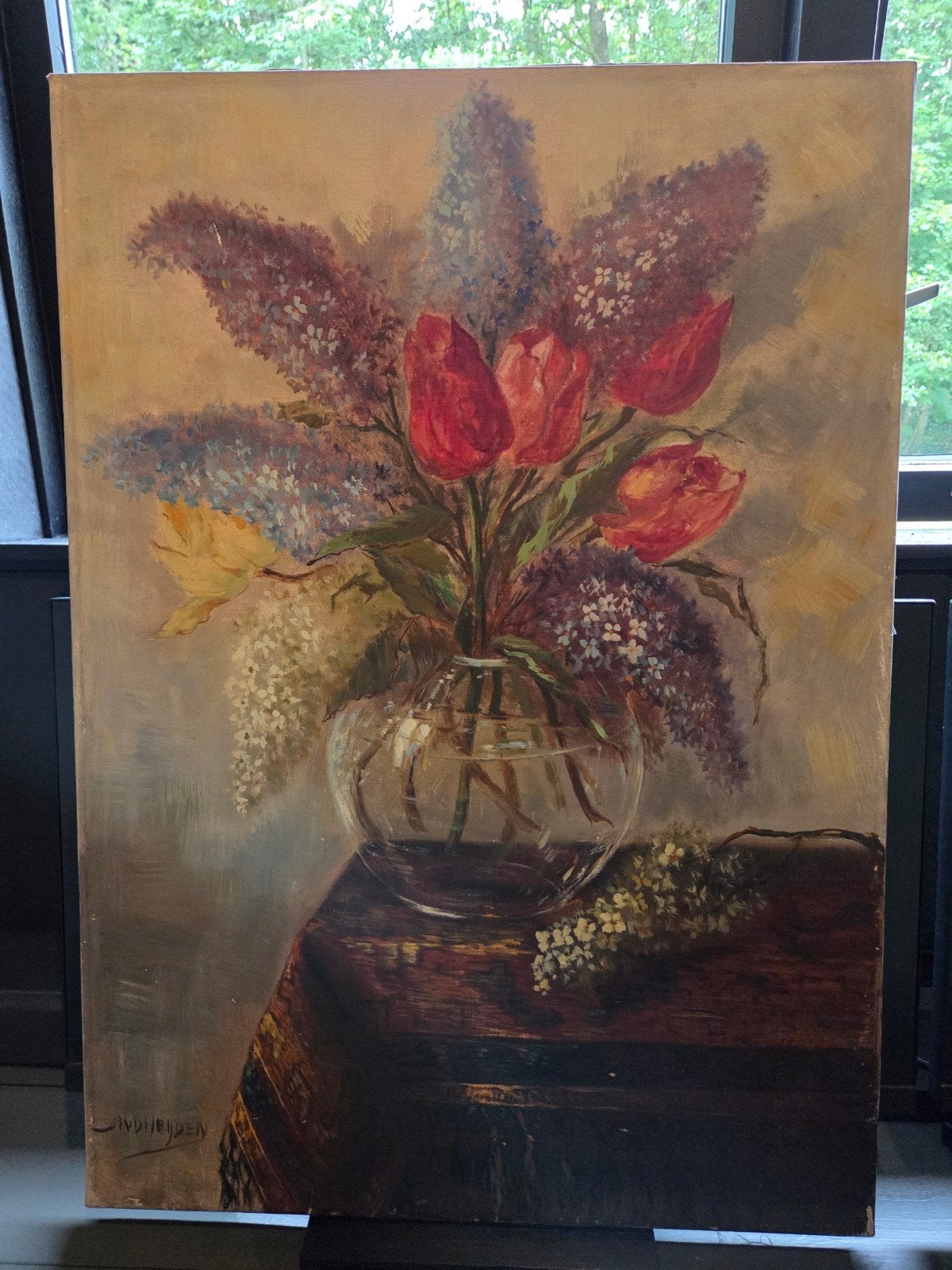 Schilderij - Bloemen in Glazen Vaas van Van der Heijden, Doek, Gesigneerd, Olieverf, Klassiek