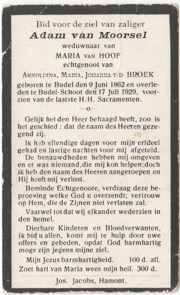 Adam van Moorsel 1862 Budel + 1929 Budel-Schoot, 67 jaar, Verzenden