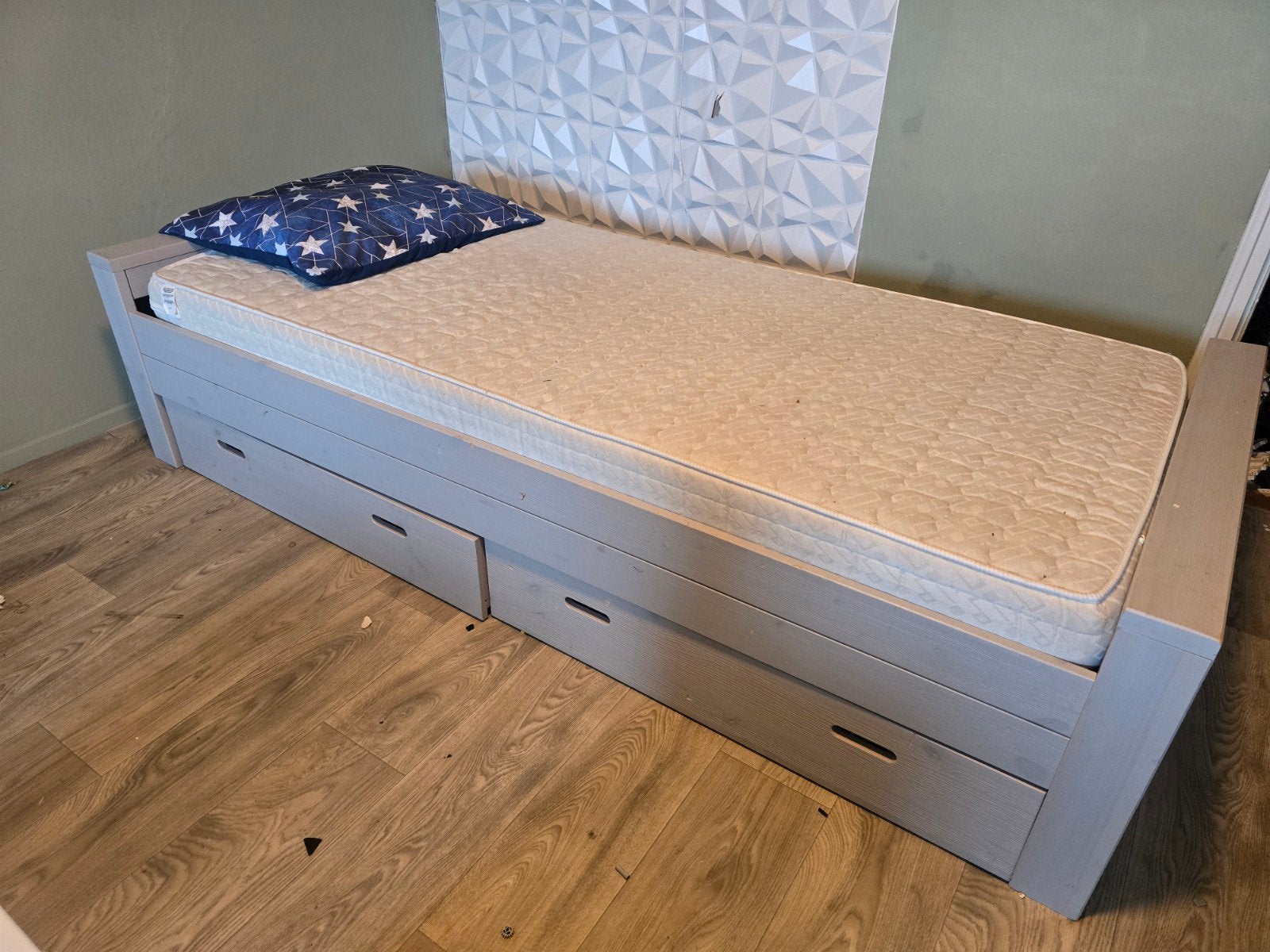 Woood tienerbed met lades - Grijs eenpersoonsbed, Gebruikt, 90 cm, Eenpersoons, Ophalen of Verzenden