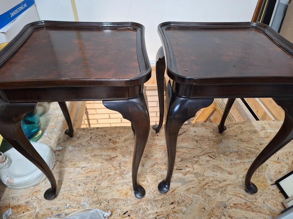 Antieke bijzettafeltjes mahonie Queen Ann stijl, Huis en Inrichting, Ophalen, Gebruikt, Rechthoekig, Minder dan 55 cm