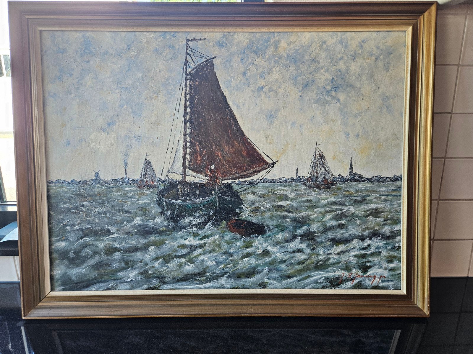 Maritiem Schilderij: Zeilschip op woelige zee, gesigneerd, Maritiem / water, Doek, Ophalen of Verzenden, Olieverf