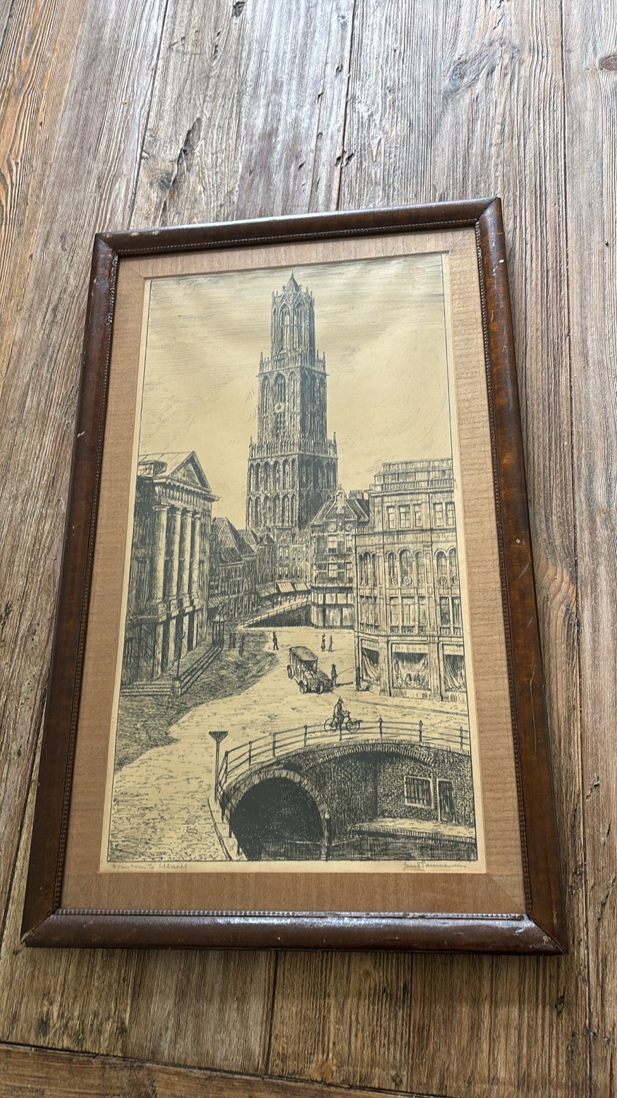 Antieke Ets Domtoren jan p damste  - Gesigneerd en Ingelijst, Antiek en Kunst, Ets, Stadsgezicht, Ophalen of Verzenden, Gesigneerd