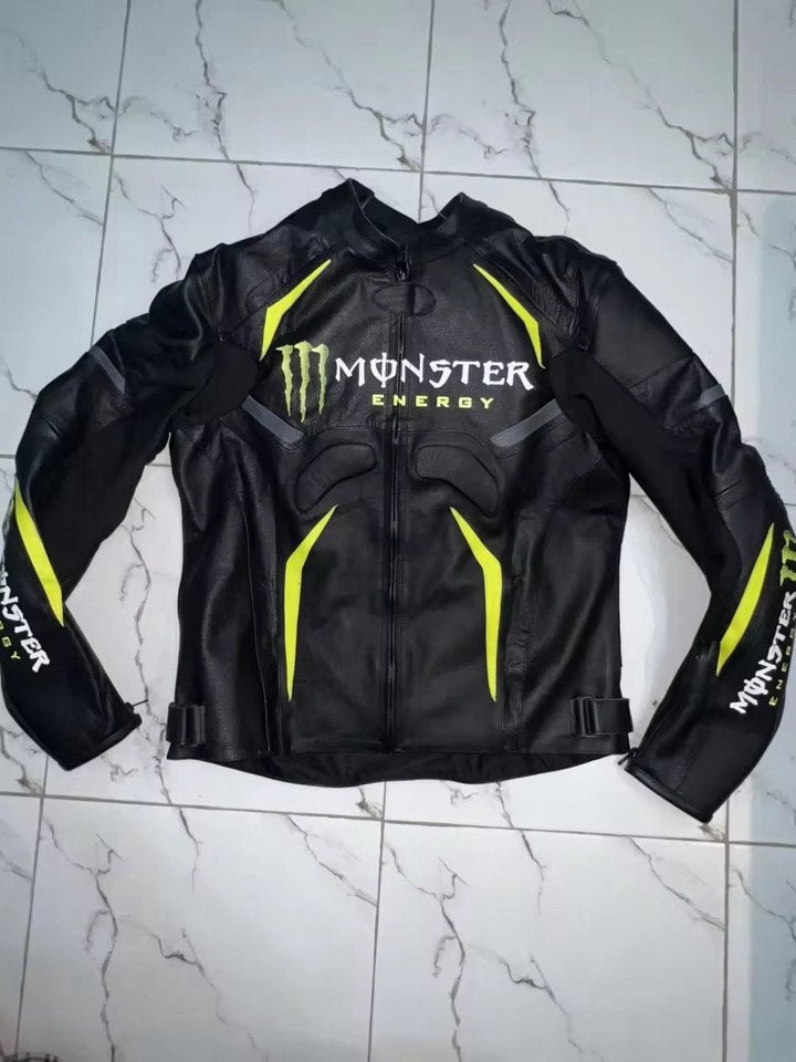 Monster Motorjas | Leer | Zwart/Neon Geel, Motoren, Ophalen of Verzenden, Tweedehands, Heren, Jas | leer