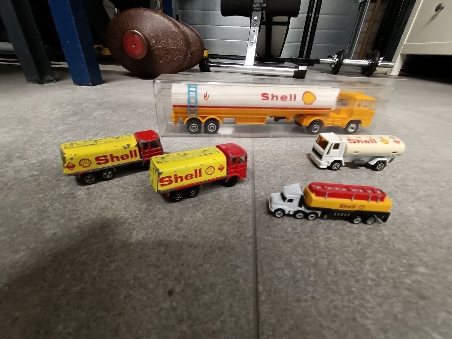 Vintage 4 verschillende oude speelgoed Shell auto s, Ophalen of Verzenden