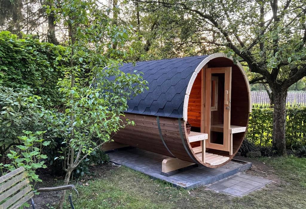 Thermowood sauna barrel inclusief electrisch of houtkachel, Info@inner-stillness.nl, Fins of Traditioneel, Ophalen of Verzenden