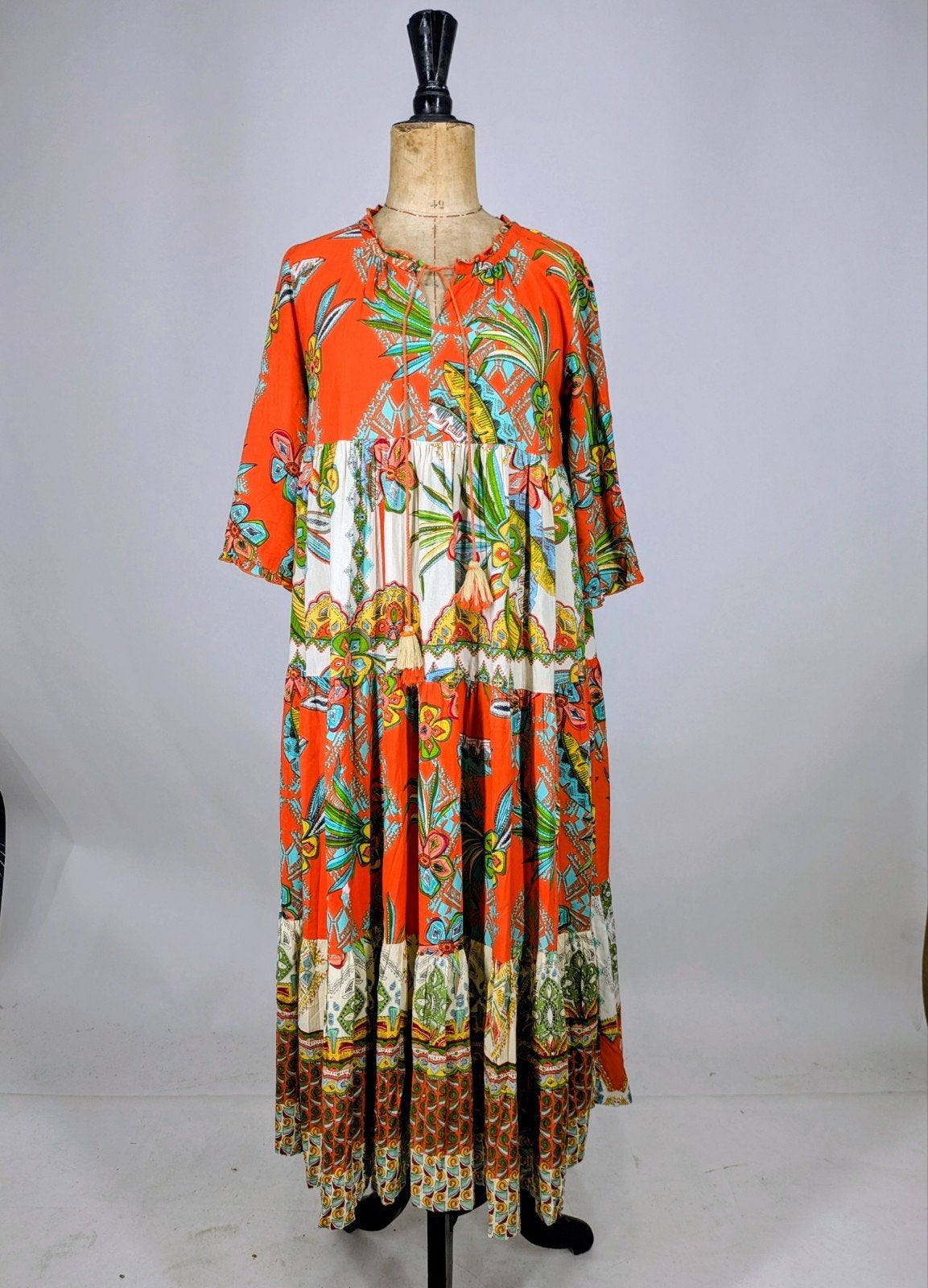Orientique Maxi Jurk oranje bloemenprint, Orientique Naturally Australian, Info@orientique.com.au, Ophalen of Verzenden, Zo goed als nieuw