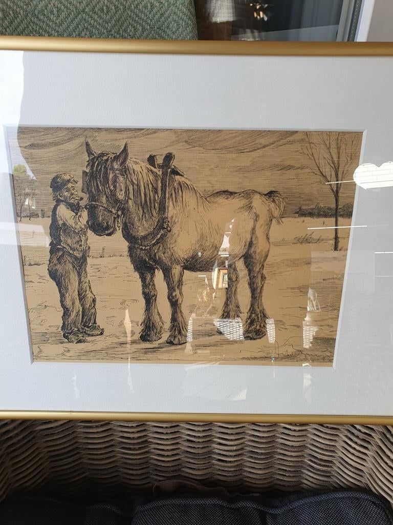 Ingelijste tekening van paard en jongen toine de bruin, Ophalen of Verzenden